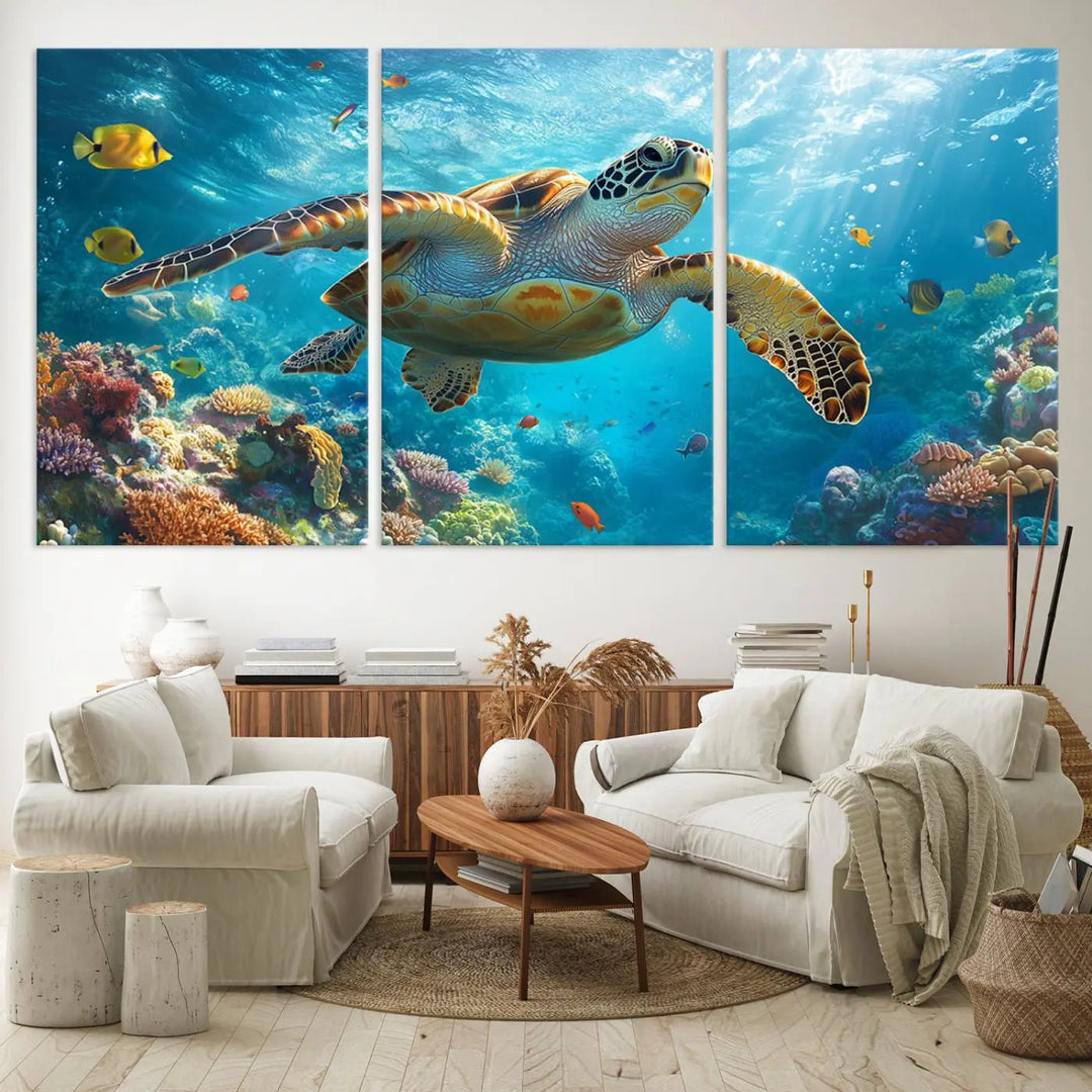 A living room showcases a triptych of the "Sea Turtle Underwater Canvas Wall Art Print - Vibrant Ocean Wildlife Decor, Marine Wall Art," depicting a vibrant sea turtle gliding through colorful coral reefs and celebrating the beauty of marine life.