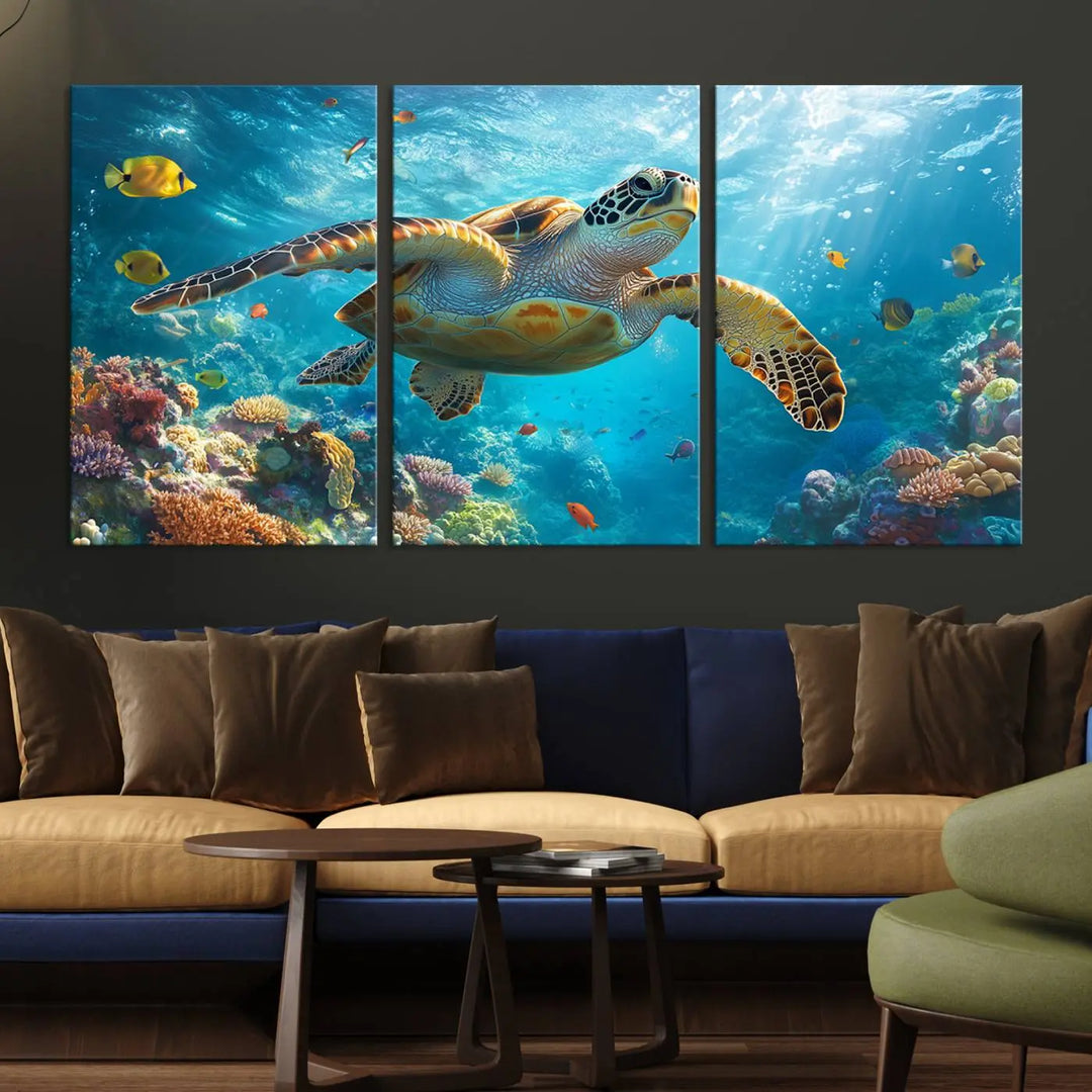 A living room showcases a triptych of the "Sea Turtle Underwater Canvas Wall Art Print - Vibrant Ocean Wildlife Decor, Marine Wall Art," depicting a vibrant sea turtle gliding through colorful coral reefs and celebrating the beauty of marine life.