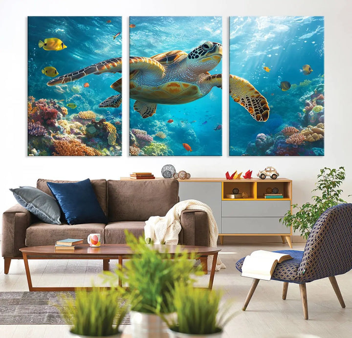 A living room showcases a triptych of the "Sea Turtle Underwater Canvas Wall Art Print - Vibrant Ocean Wildlife Decor, Marine Wall Art," depicting a vibrant sea turtle gliding through colorful coral reefs and celebrating the beauty of marine life.