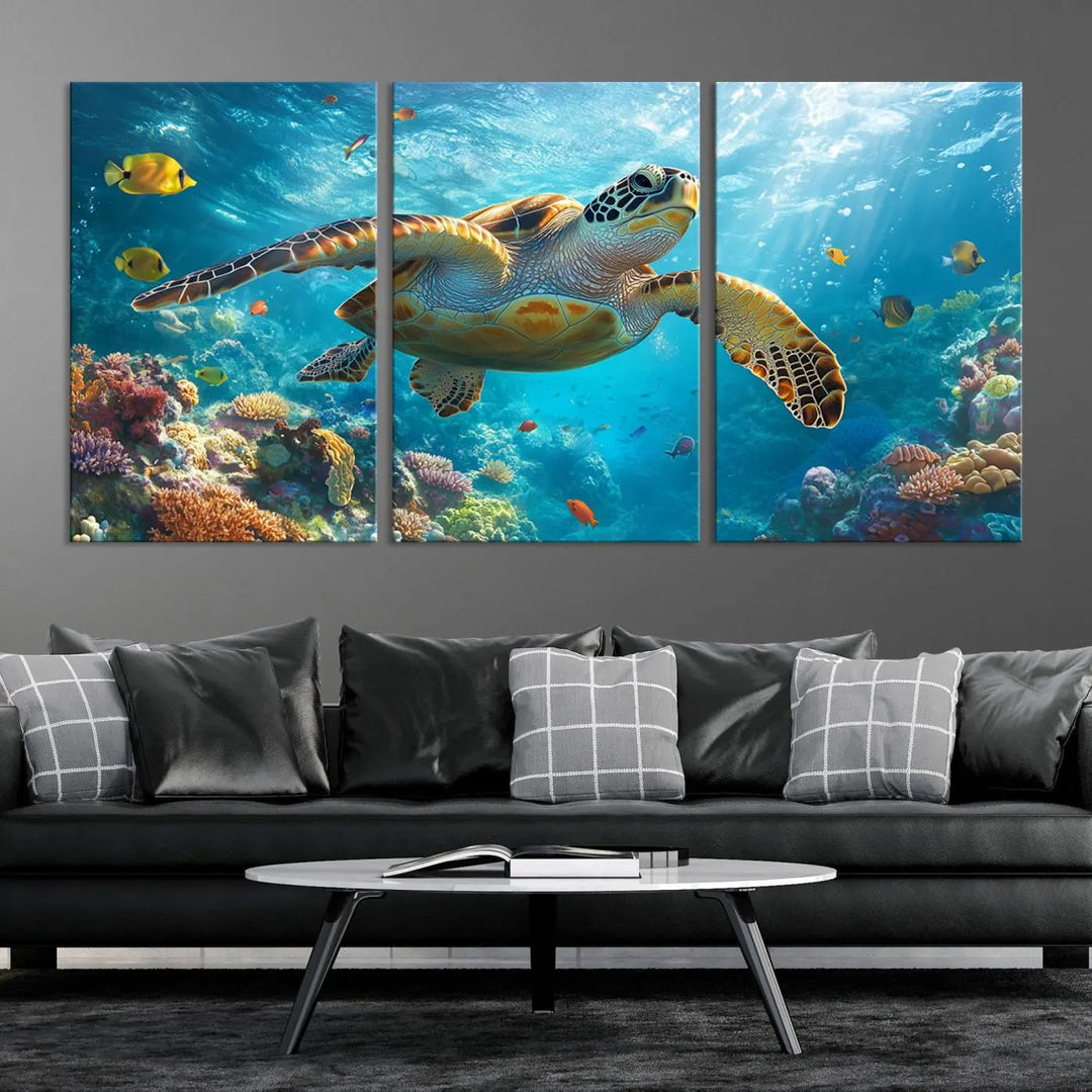 A living room showcases a triptych of the "Sea Turtle Underwater Canvas Wall Art Print - Vibrant Ocean Wildlife Decor, Marine Wall Art," depicting a vibrant sea turtle gliding through colorful coral reefs and celebrating the beauty of marine life.