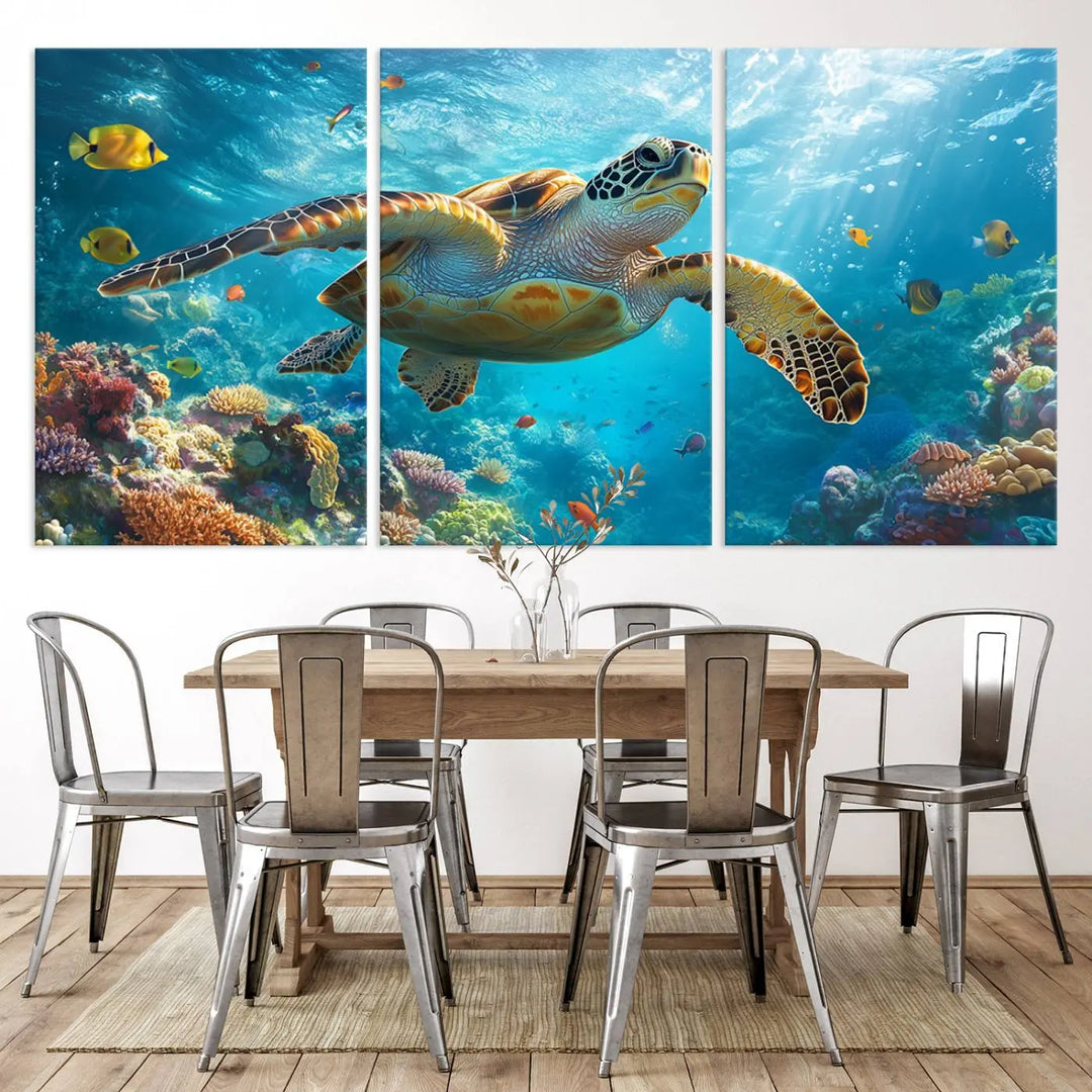 A living room showcases a triptych of the "Sea Turtle Underwater Canvas Wall Art Print - Vibrant Ocean Wildlife Decor, Marine Wall Art," depicting a vibrant sea turtle gliding through colorful coral reefs and celebrating the beauty of marine life.