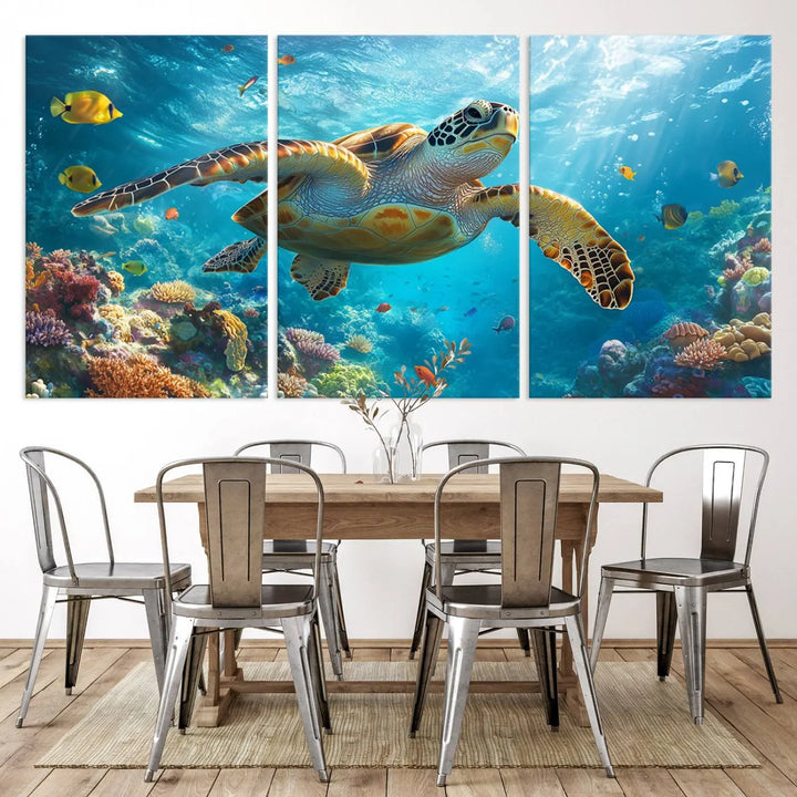 A living room showcases a triptych of the "Sea Turtle Underwater Canvas Wall Art Print - Vibrant Ocean Wildlife Decor, Marine Wall Art," depicting a vibrant sea turtle gliding through colorful coral reefs and celebrating the beauty of marine life.