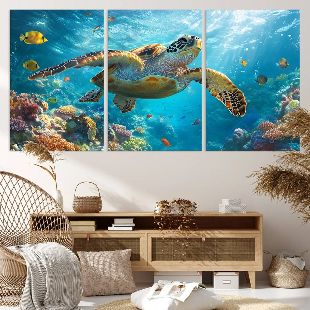 A living room showcases a triptych of the "Sea Turtle Underwater Canvas Wall Art Print - Vibrant Ocean Wildlife Decor, Marine Wall Art," depicting a vibrant sea turtle gliding through colorful coral reefs and celebrating the beauty of marine life.