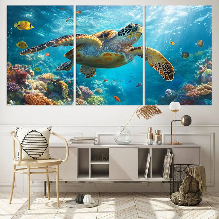 A living room showcases a triptych of the "Sea Turtle Underwater Canvas Wall Art Print - Vibrant Ocean Wildlife Decor, Marine Wall Art," depicting a vibrant sea turtle gliding through colorful coral reefs and celebrating the beauty of marine life.