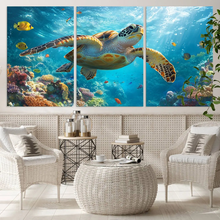 A living room showcases a triptych of the "Sea Turtle Underwater Canvas Wall Art Print - Vibrant Ocean Wildlife Decor, Marine Wall Art," depicting a vibrant sea turtle gliding through colorful coral reefs and celebrating the beauty of marine life.