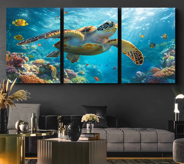 A living room showcases a triptych of the "Sea Turtle Underwater Canvas Wall Art Print - Vibrant Ocean Wildlife Decor, Marine Wall Art," depicting a vibrant sea turtle gliding through colorful coral reefs and celebrating the beauty of marine life.