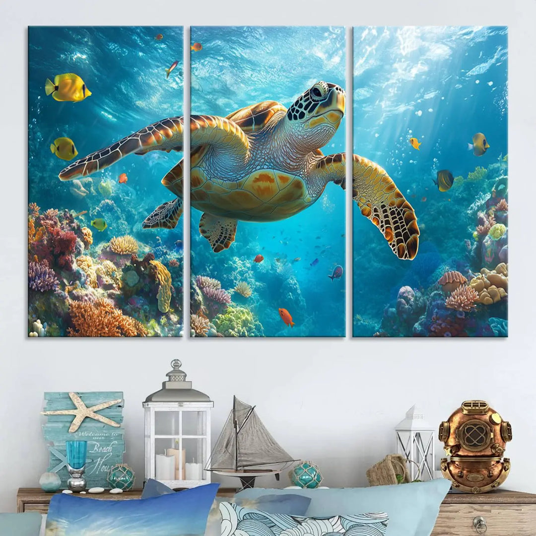 A living room showcases a triptych of the "Sea Turtle Underwater Canvas Wall Art Print - Vibrant Ocean Wildlife Decor, Marine Wall Art," depicting a vibrant sea turtle gliding through colorful coral reefs and celebrating the beauty of marine life.