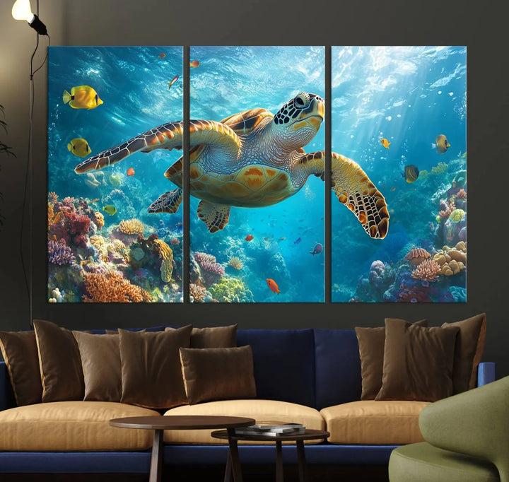 A living room showcases a triptych of the "Sea Turtle Underwater Canvas Wall Art Print - Vibrant Ocean Wildlife Decor, Marine Wall Art," depicting a vibrant sea turtle gliding through colorful coral reefs and celebrating the beauty of marine life.