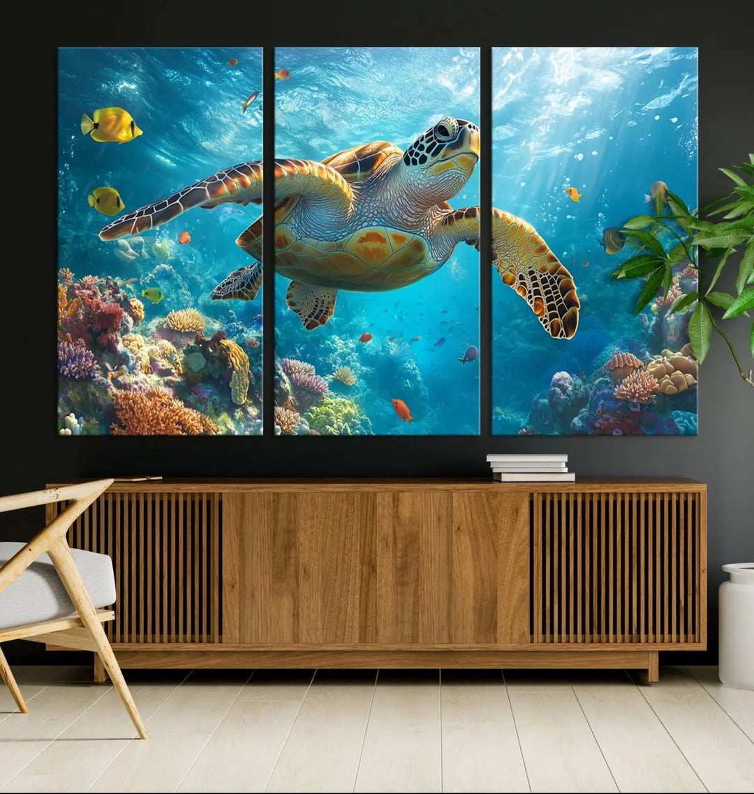 A living room showcases a triptych of the "Sea Turtle Underwater Canvas Wall Art Print - Vibrant Ocean Wildlife Decor, Marine Wall Art," depicting a vibrant sea turtle gliding through colorful coral reefs and celebrating the beauty of marine life.