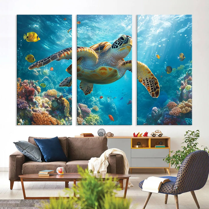 A living room showcases a triptych of the "Sea Turtle Underwater Canvas Wall Art Print - Vibrant Ocean Wildlife Decor, Marine Wall Art," depicting a vibrant sea turtle gliding through colorful coral reefs and celebrating the beauty of marine life.