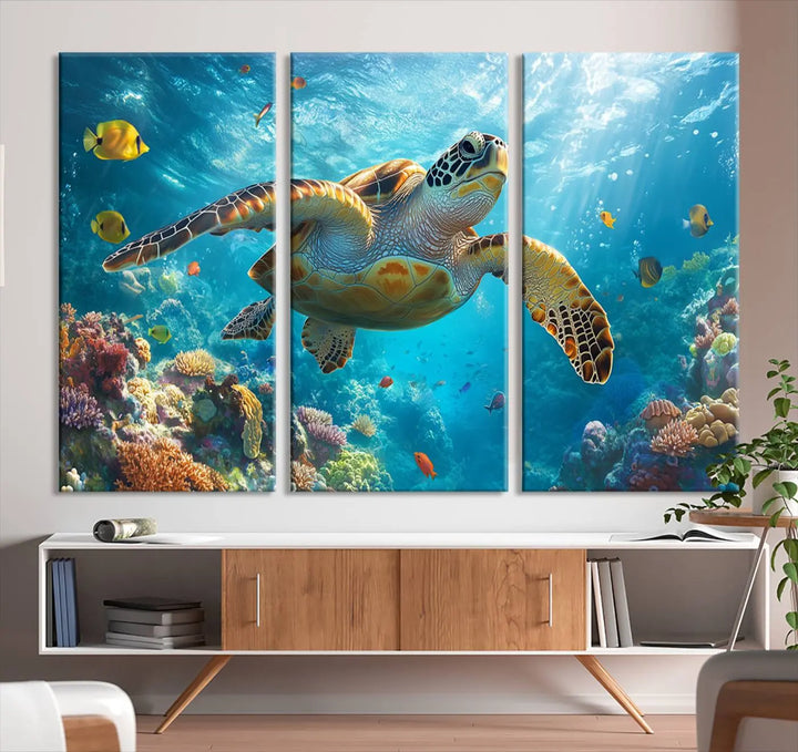 A living room showcases a triptych of the "Sea Turtle Underwater Canvas Wall Art Print - Vibrant Ocean Wildlife Decor, Marine Wall Art," depicting a vibrant sea turtle gliding through colorful coral reefs and celebrating the beauty of marine life.