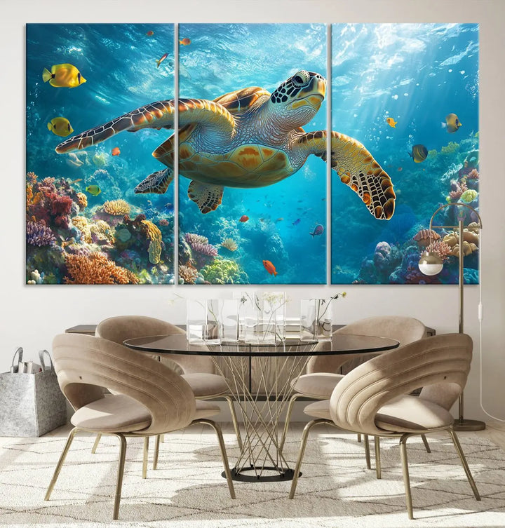 A living room showcases a triptych of the "Sea Turtle Underwater Canvas Wall Art Print - Vibrant Ocean Wildlife Decor, Marine Wall Art," depicting a vibrant sea turtle gliding through colorful coral reefs and celebrating the beauty of marine life.