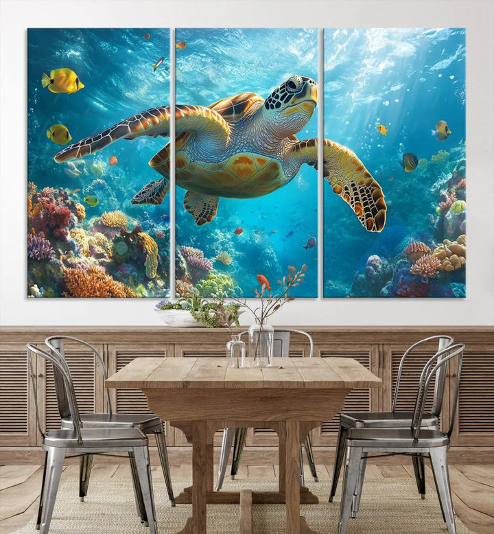 A living room showcases a triptych of the "Sea Turtle Underwater Canvas Wall Art Print - Vibrant Ocean Wildlife Decor, Marine Wall Art," depicting a vibrant sea turtle gliding through colorful coral reefs and celebrating the beauty of marine life.