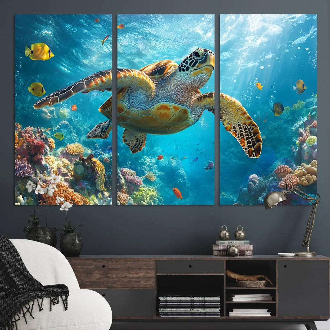 A living room showcases a triptych of the "Sea Turtle Underwater Canvas Wall Art Print - Vibrant Ocean Wildlife Decor, Marine Wall Art," depicting a vibrant sea turtle gliding through colorful coral reefs and celebrating the beauty of marine life.