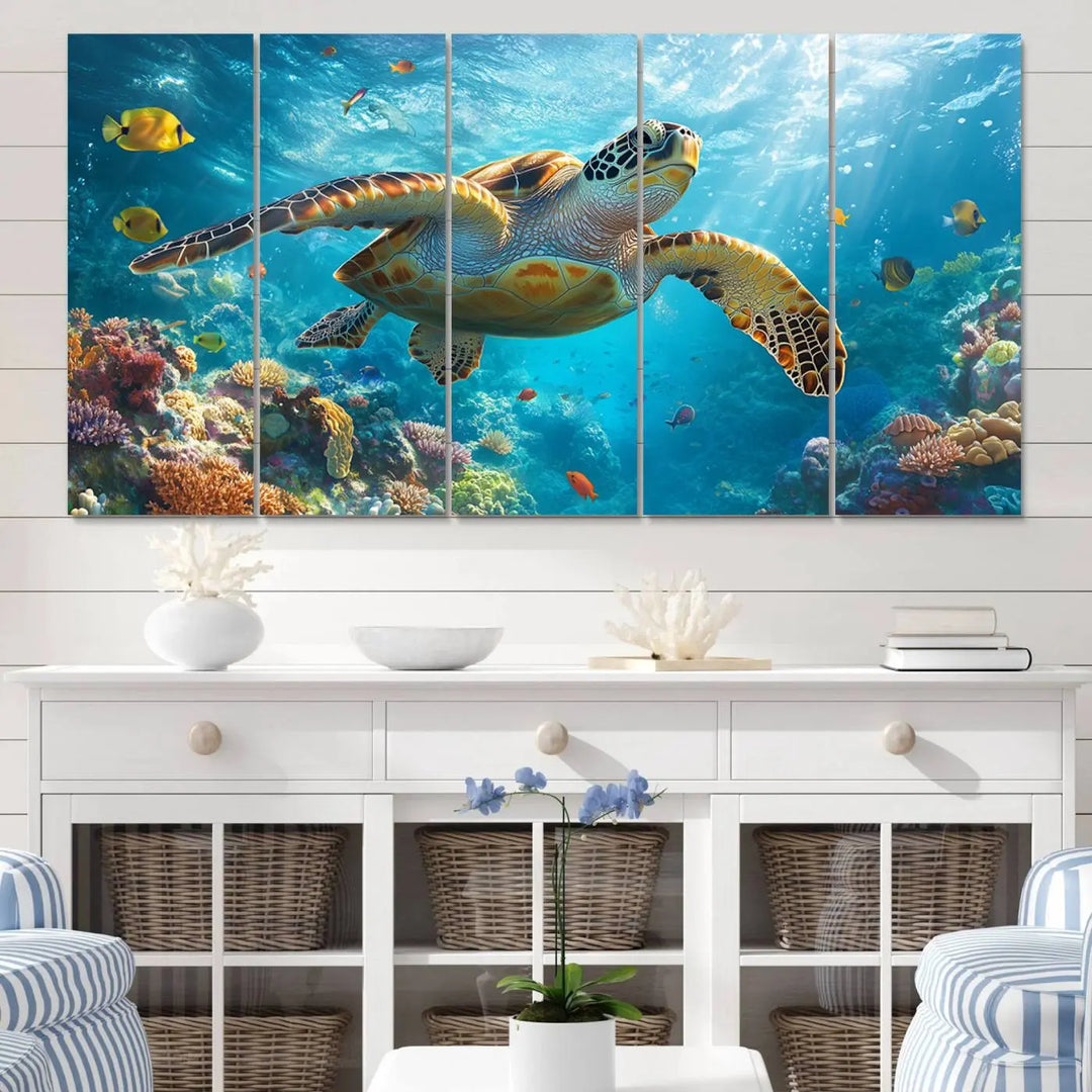 A living room showcases a triptych of the "Sea Turtle Underwater Canvas Wall Art Print - Vibrant Ocean Wildlife Decor, Marine Wall Art," depicting a vibrant sea turtle gliding through colorful coral reefs and celebrating the beauty of marine life.