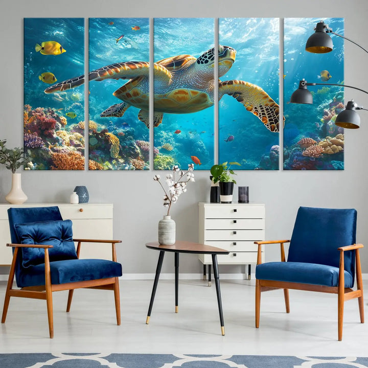 A living room showcases a triptych of the "Sea Turtle Underwater Canvas Wall Art Print - Vibrant Ocean Wildlife Decor, Marine Wall Art," depicting a vibrant sea turtle gliding through colorful coral reefs and celebrating the beauty of marine life.