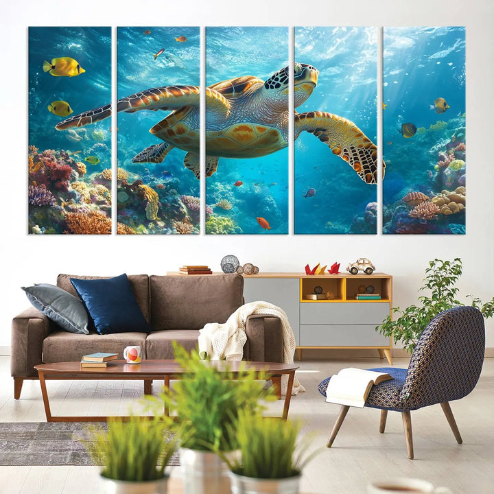 A living room showcases a triptych of the "Sea Turtle Underwater Canvas Wall Art Print - Vibrant Ocean Wildlife Decor, Marine Wall Art," depicting a vibrant sea turtle gliding through colorful coral reefs and celebrating the beauty of marine life.