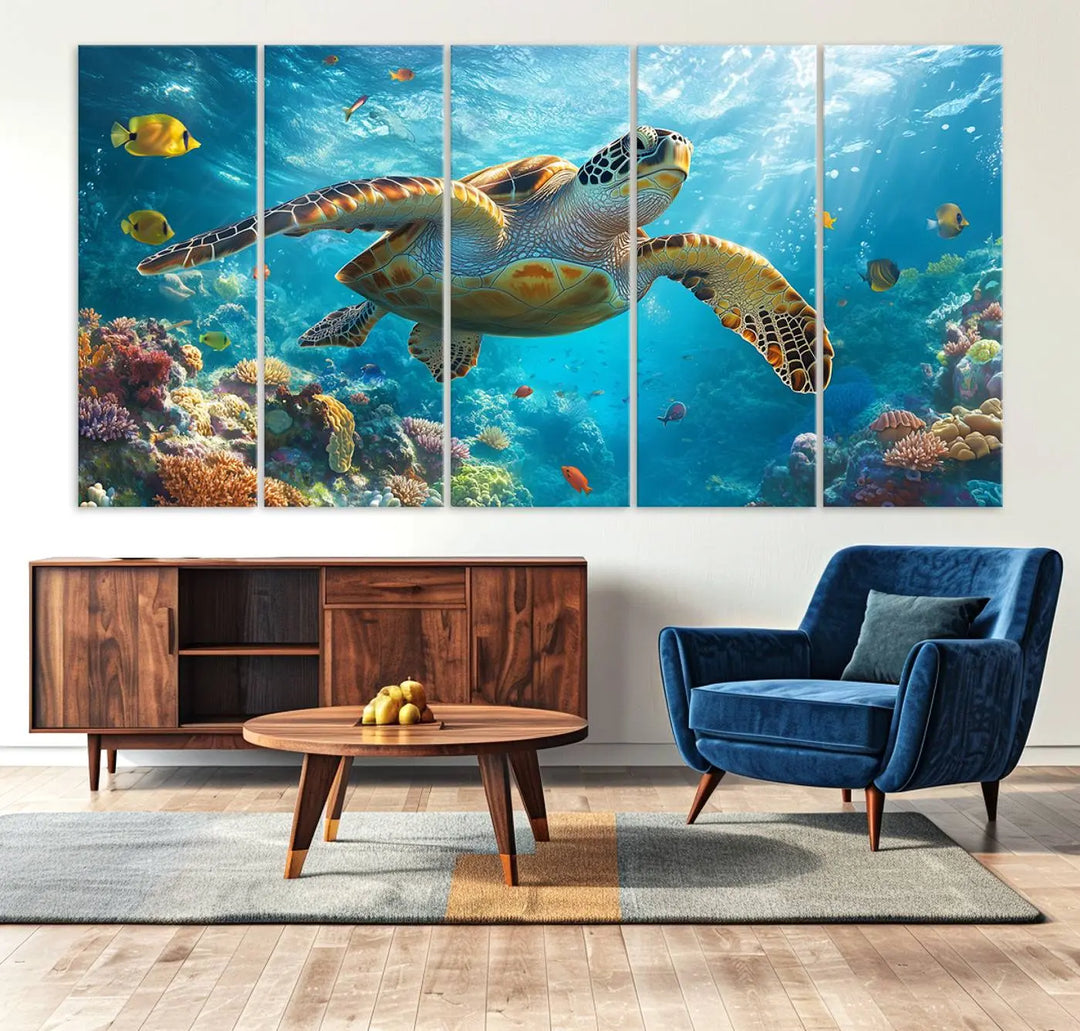 A living room showcases a triptych of the "Sea Turtle Underwater Canvas Wall Art Print - Vibrant Ocean Wildlife Decor, Marine Wall Art," depicting a vibrant sea turtle gliding through colorful coral reefs and celebrating the beauty of marine life.