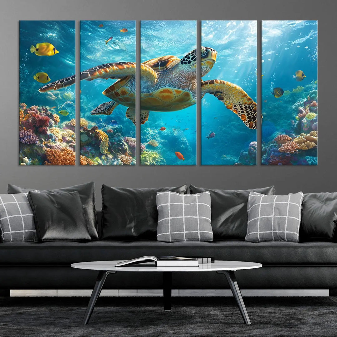 A living room showcases a triptych of the "Sea Turtle Underwater Canvas Wall Art Print - Vibrant Ocean Wildlife Decor, Marine Wall Art," depicting a vibrant sea turtle gliding through colorful coral reefs and celebrating the beauty of marine life.