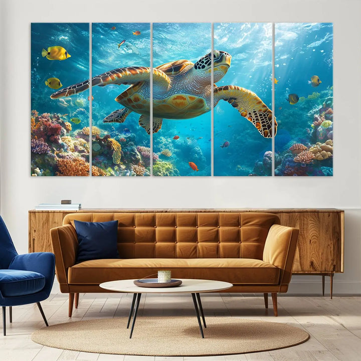 A living room showcases a triptych of the "Sea Turtle Underwater Canvas Wall Art Print - Vibrant Ocean Wildlife Decor, Marine Wall Art," depicting a vibrant sea turtle gliding through colorful coral reefs and celebrating the beauty of marine life.