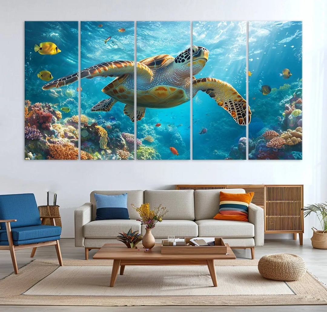 A living room showcases a triptych of the "Sea Turtle Underwater Canvas Wall Art Print - Vibrant Ocean Wildlife Decor, Marine Wall Art," depicting a vibrant sea turtle gliding through colorful coral reefs and celebrating the beauty of marine life.