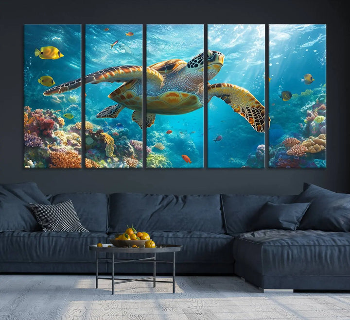 A living room showcases a triptych of the "Sea Turtle Underwater Canvas Wall Art Print - Vibrant Ocean Wildlife Decor, Marine Wall Art," depicting a vibrant sea turtle gliding through colorful coral reefs and celebrating the beauty of marine life.