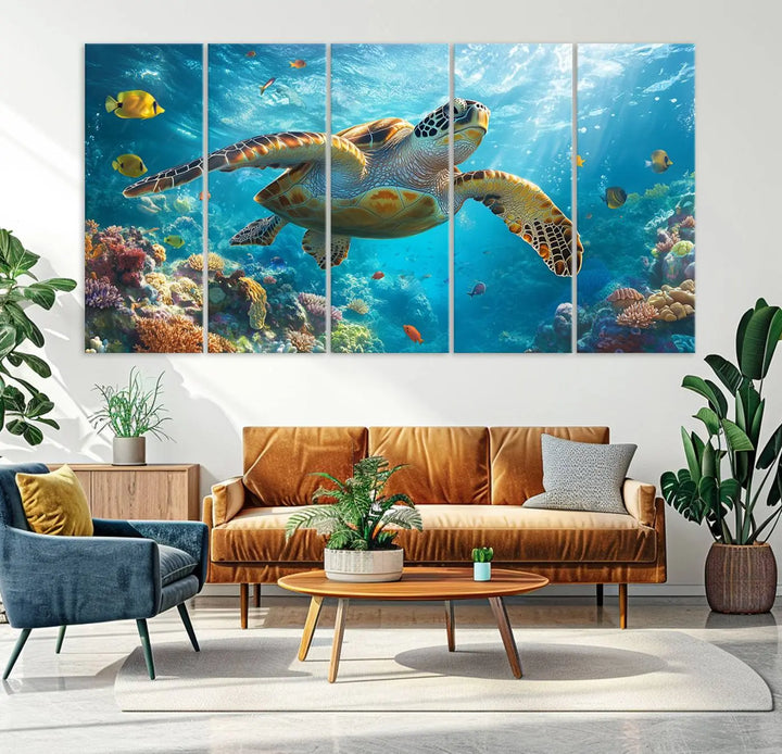 A living room showcases a triptych of the "Sea Turtle Underwater Canvas Wall Art Print - Vibrant Ocean Wildlife Decor, Marine Wall Art," depicting a vibrant sea turtle gliding through colorful coral reefs and celebrating the beauty of marine life.