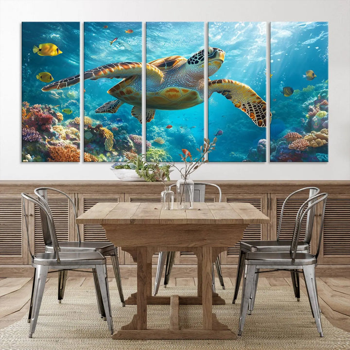 A living room showcases a triptych of the "Sea Turtle Underwater Canvas Wall Art Print - Vibrant Ocean Wildlife Decor, Marine Wall Art," depicting a vibrant sea turtle gliding through colorful coral reefs and celebrating the beauty of marine life.