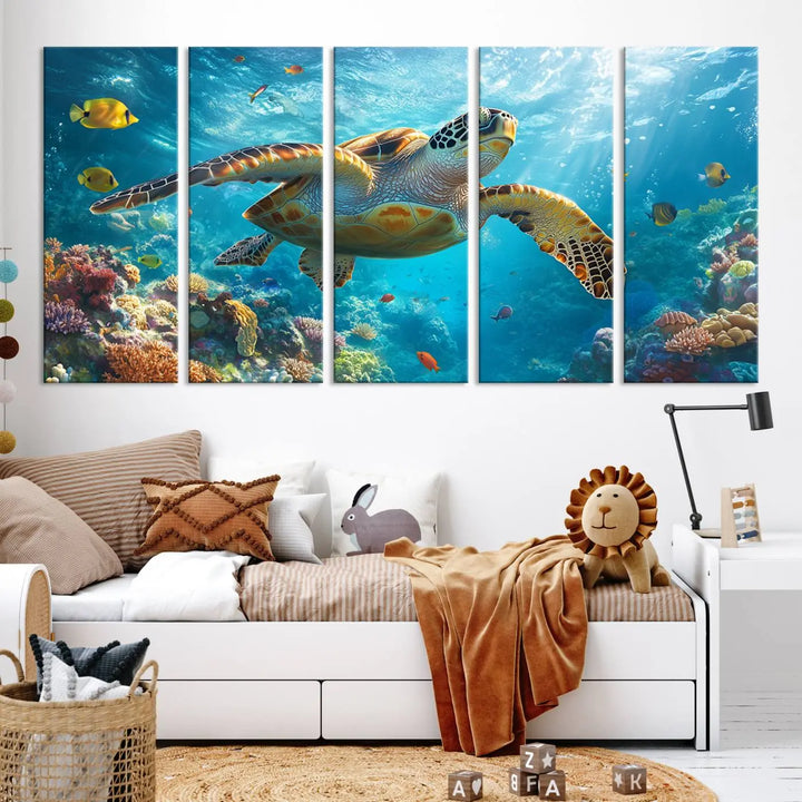 A living room showcases a triptych of the "Sea Turtle Underwater Canvas Wall Art Print - Vibrant Ocean Wildlife Decor, Marine Wall Art," depicting a vibrant sea turtle gliding through colorful coral reefs and celebrating the beauty of marine life.