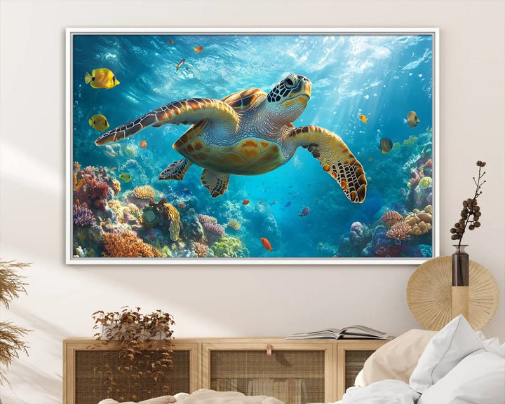 A living room showcases a triptych of the "Sea Turtle Underwater Canvas Wall Art Print - Vibrant Ocean Wildlife Decor, Marine Wall Art," depicting a vibrant sea turtle gliding through colorful coral reefs and celebrating the beauty of marine life.