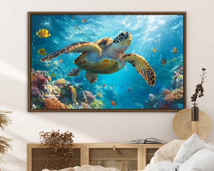 A living room showcases a triptych of the "Sea Turtle Underwater Canvas Wall Art Print - Vibrant Ocean Wildlife Decor, Marine Wall Art," depicting a vibrant sea turtle gliding through colorful coral reefs and celebrating the beauty of marine life.