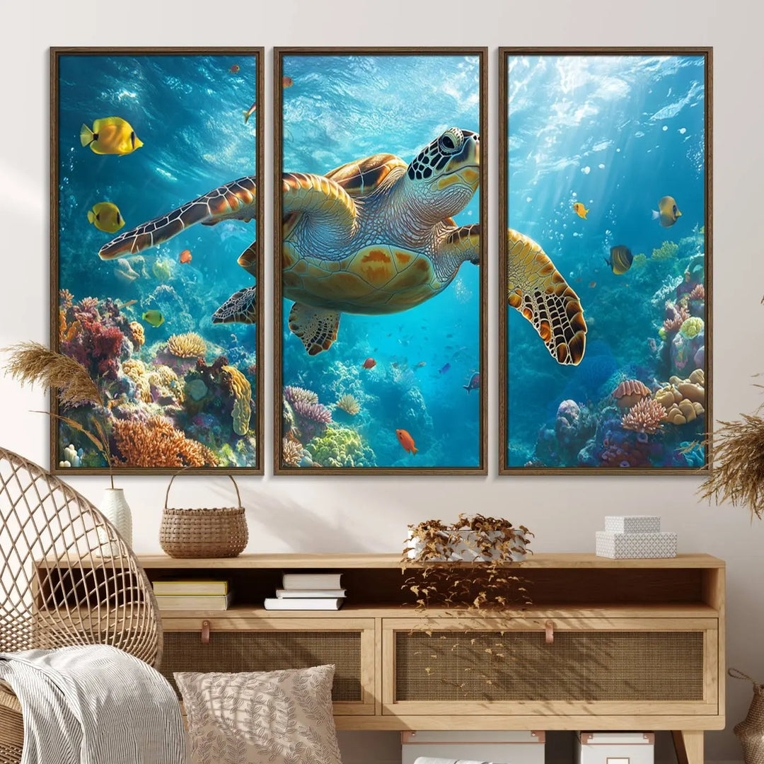 A living room showcases a triptych of the "Sea Turtle Underwater Canvas Wall Art Print - Vibrant Ocean Wildlife Decor, Marine Wall Art," depicting a vibrant sea turtle gliding through colorful coral reefs and celebrating the beauty of marine life.