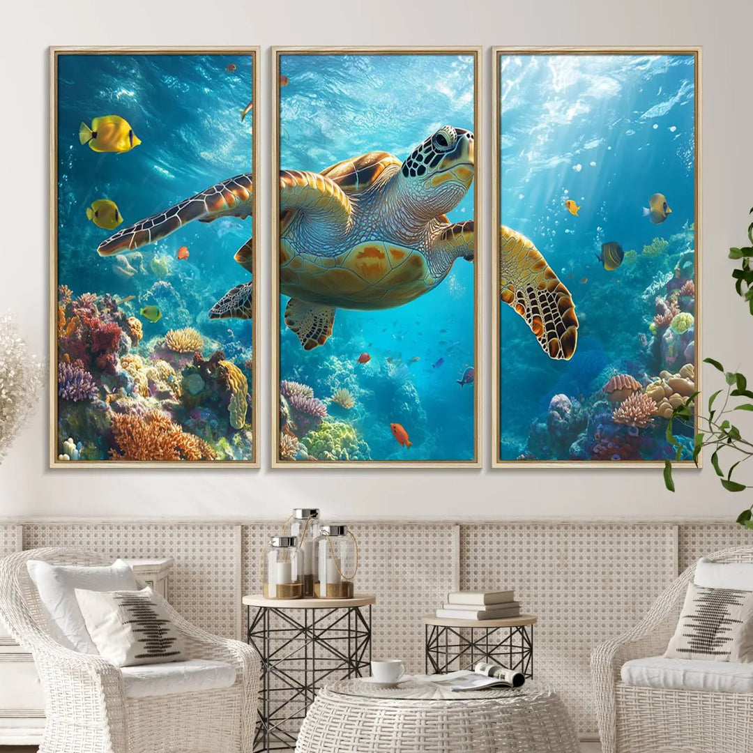 A living room showcases a triptych of the "Sea Turtle Underwater Canvas Wall Art Print - Vibrant Ocean Wildlife Decor, Marine Wall Art," depicting a vibrant sea turtle gliding through colorful coral reefs and celebrating the beauty of marine life.