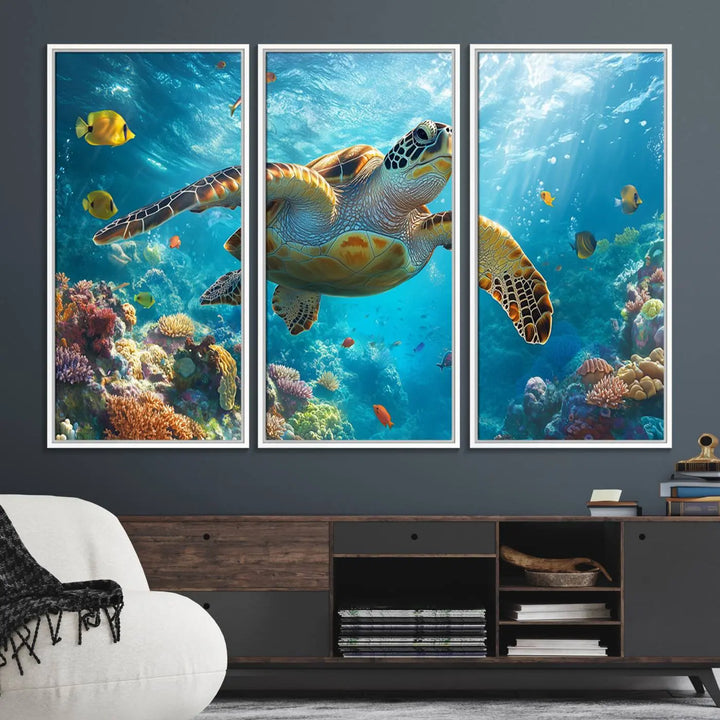 A living room showcases a triptych of the "Sea Turtle Underwater Canvas Wall Art Print - Vibrant Ocean Wildlife Decor, Marine Wall Art," depicting a vibrant sea turtle gliding through colorful coral reefs and celebrating the beauty of marine life.