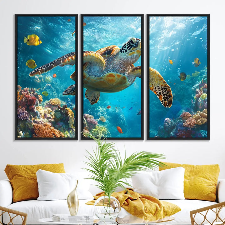 A living room showcases a triptych of the "Sea Turtle Underwater Canvas Wall Art Print - Vibrant Ocean Wildlife Decor, Marine Wall Art," depicting a vibrant sea turtle gliding through colorful coral reefs and celebrating the beauty of marine life.