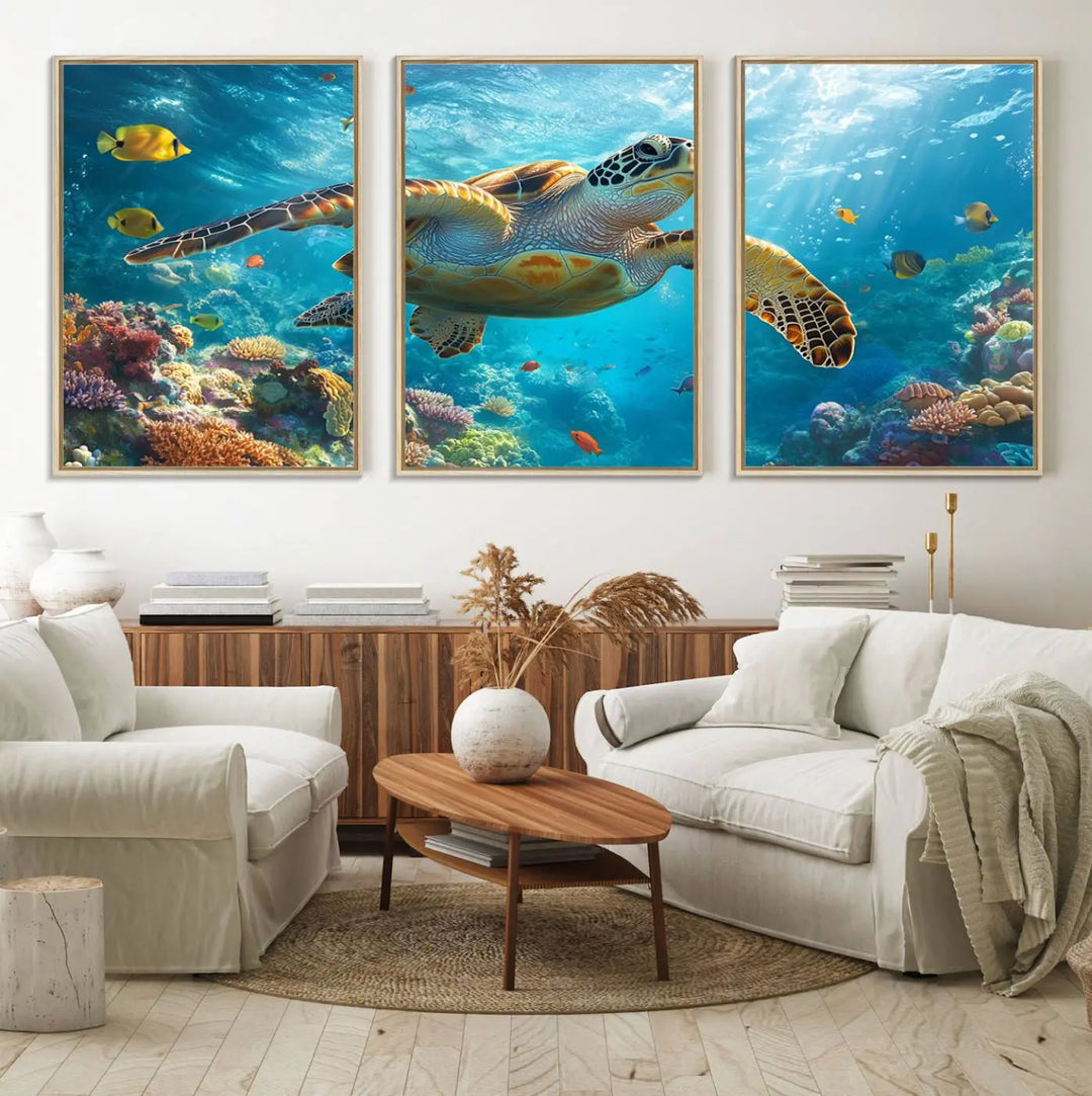 A living room showcases a triptych of the "Sea Turtle Underwater Canvas Wall Art Print - Vibrant Ocean Wildlife Decor, Marine Wall Art," depicting a vibrant sea turtle gliding through colorful coral reefs and celebrating the beauty of marine life.