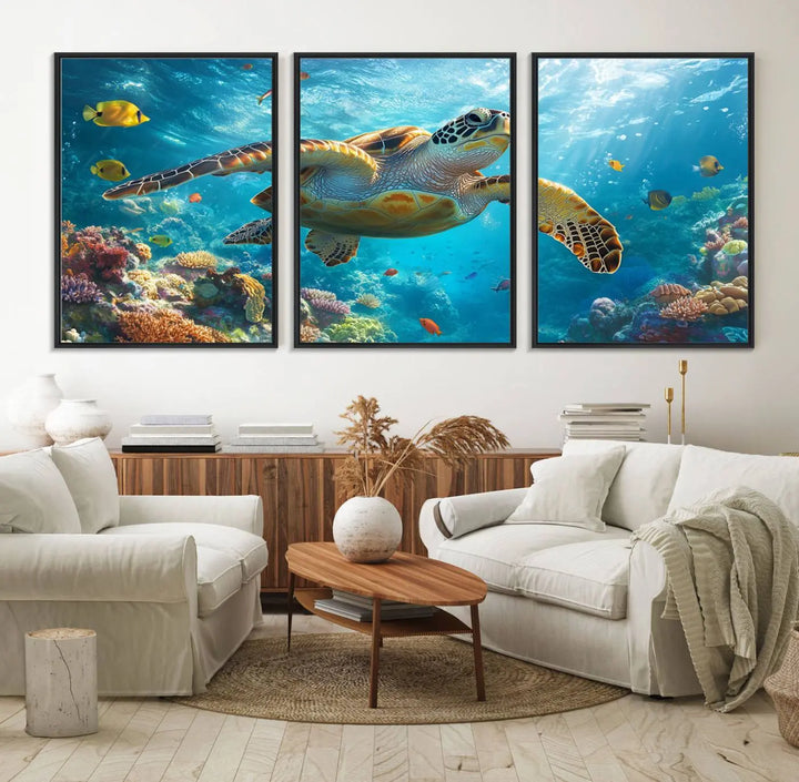 A living room showcases a triptych of the "Sea Turtle Underwater Canvas Wall Art Print - Vibrant Ocean Wildlife Decor, Marine Wall Art," depicting a vibrant sea turtle gliding through colorful coral reefs and celebrating the beauty of marine life.