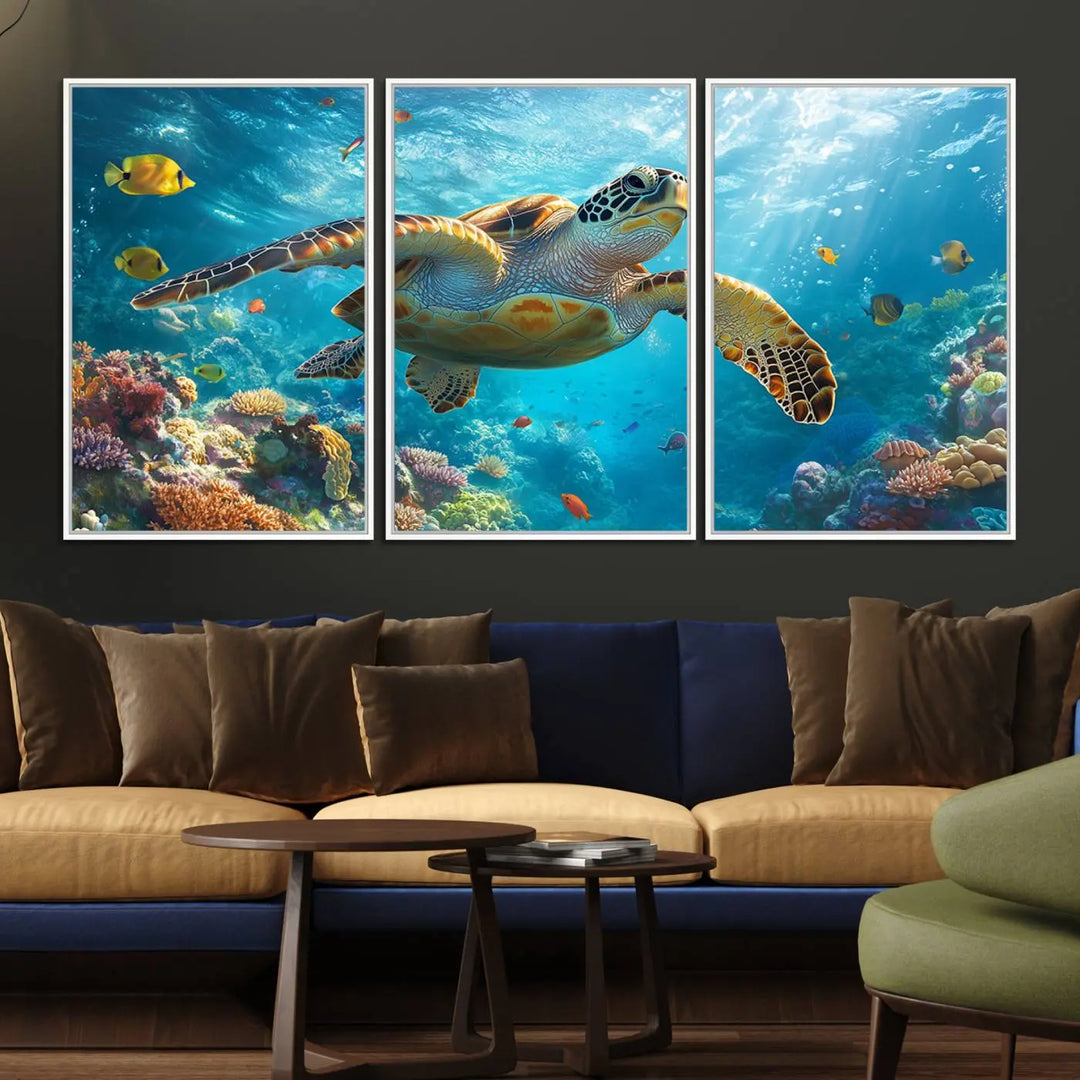 A living room showcases a triptych of the "Sea Turtle Underwater Canvas Wall Art Print - Vibrant Ocean Wildlife Decor, Marine Wall Art," depicting a vibrant sea turtle gliding through colorful coral reefs and celebrating the beauty of marine life.