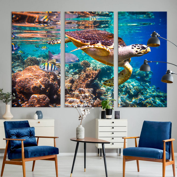 Sea Turtle Wall Art Canvas Print – Vibrant Ocean Coral Reef Décor, Ready to Hang