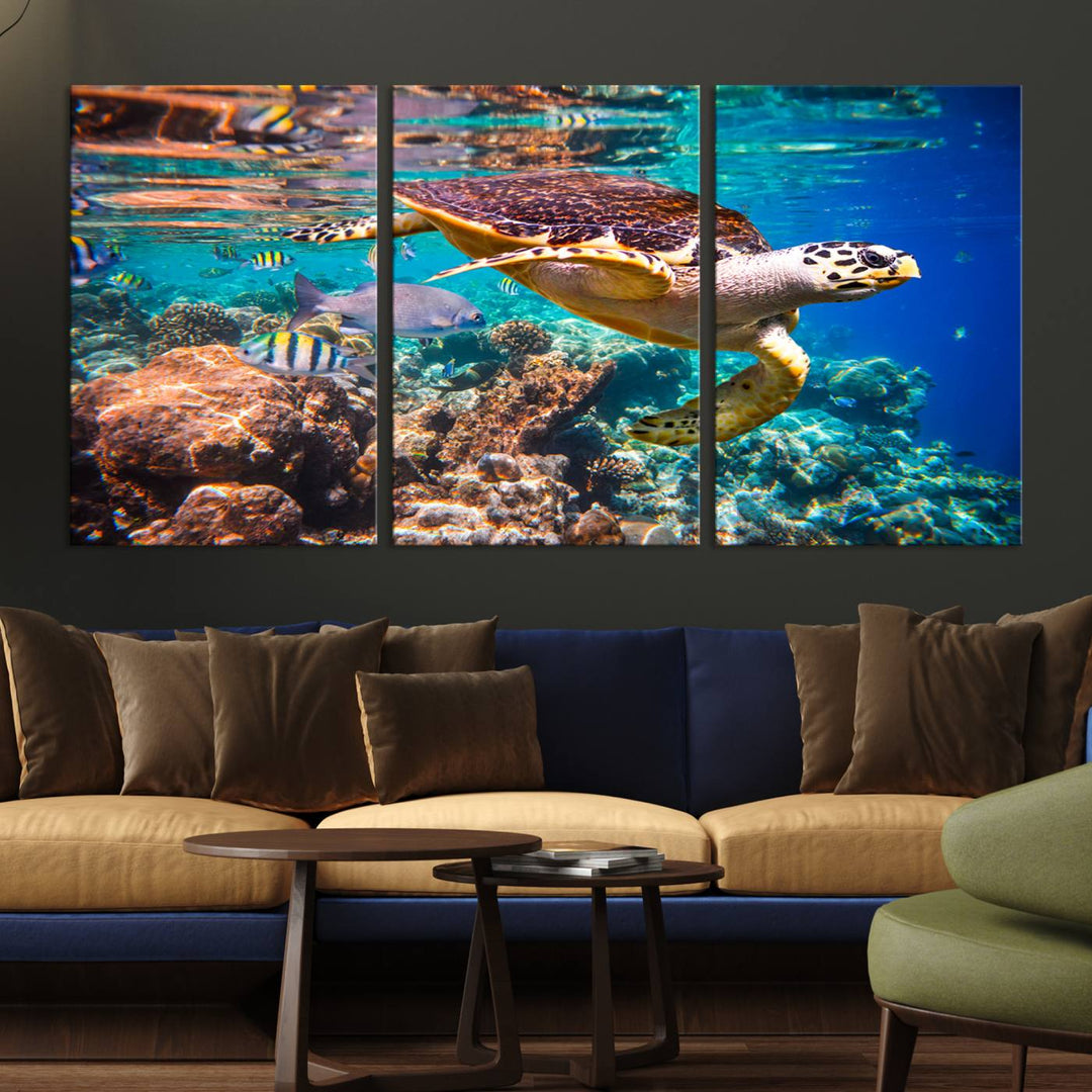 Sea Turtle Wall Art Canvas Print – Vibrant Ocean Coral Reef Décor, Ready to Hang