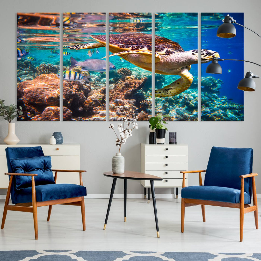 Sea Turtle Wall Art Canvas Print – Vibrant Ocean Coral Reef Décor, Ready to Hang