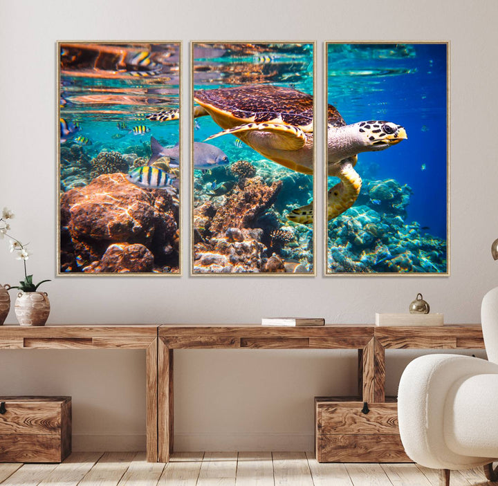 66614-MGV-FC-48X32-3P_Natural-Sea Turtle Wall Art Canvas Print – Vibrant Ocean Coral Reef Décor, Ready to Hang