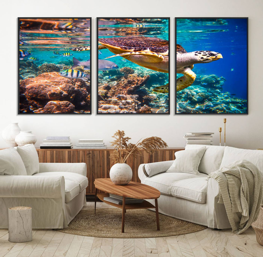 66614-MGV-FC-60X30-3P_Black-Sea Turtle Wall Art Canvas Print – Vibrant Ocean Coral Reef Décor, Ready to Hang