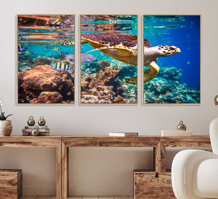 66614-MGV-FC-60X30-3P_Natural-Sea Turtle Wall Art Canvas Print – Vibrant Ocean Coral Reef Décor, Ready to Hang