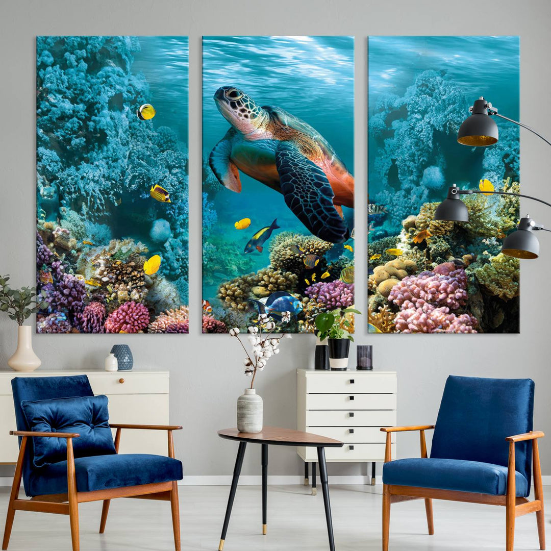 Sea Turtle and Coral Reef Triptych Wall Art – Vibrant Underwater Scene Canvas Set for Ocean Lovers and Coastal Decor – Ready to Hang 3-Panel