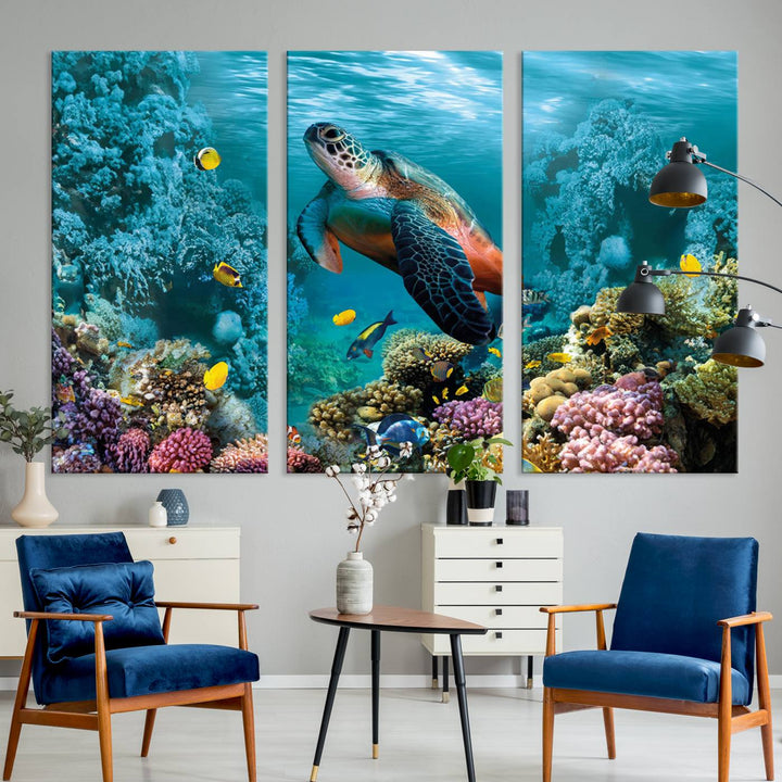 Sea Turtle and Coral Reef Triptych Wall Art – Vibrant Underwater Scene Canvas Set for Ocean Lovers and Coastal Decor – Ready to Hang 3-Panel