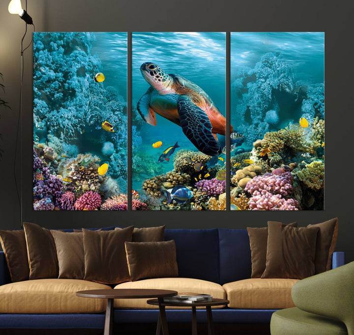 Sea Turtle and Coral Reef Triptych Wall Art – Vibrant Underwater Scene Canvas Set for Ocean Lovers and Coastal Decor – Ready to Hang 3-Panel