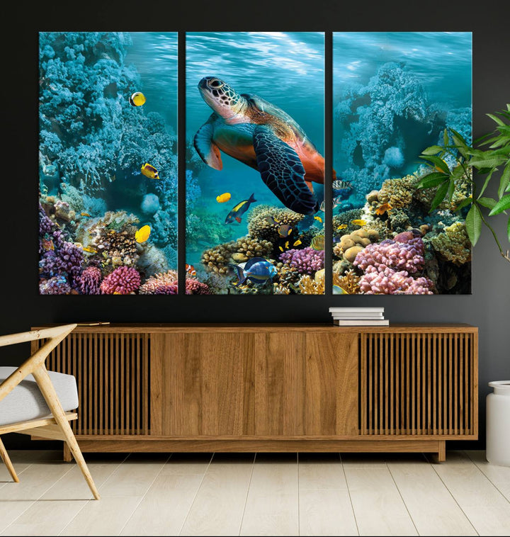 Sea Turtle and Coral Reef Triptych Wall Art – Vibrant Underwater Scene Canvas Set for Ocean Lovers and Coastal Decor – Ready to Hang 3-Panel