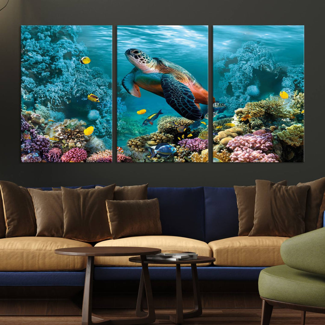 Sea Turtle and Coral Reef Triptych Wall Art – Vibrant Underwater Scene Canvas Set for Ocean Lovers and Coastal Decor – Ready to Hang 3-Panel