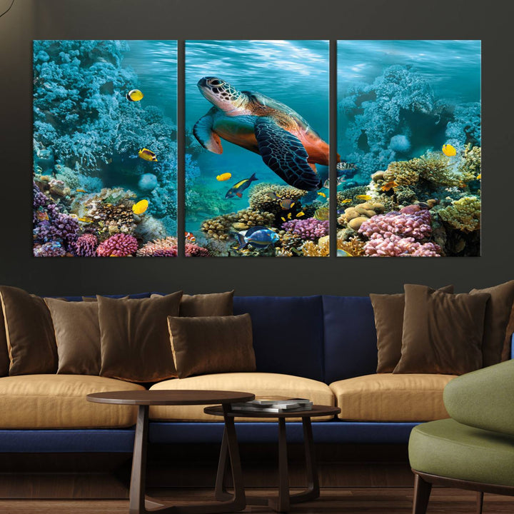 Sea Turtle and Coral Reef Triptych Wall Art – Vibrant Underwater Scene Canvas Set for Ocean Lovers and Coastal Decor – Ready to Hang 3-Panel